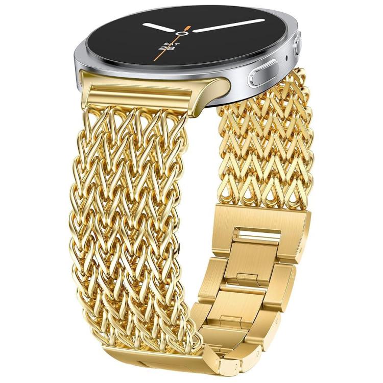 Gold herringbone braided stainless steel watch band with linked clasp