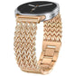 Rose gold herringbone braided stainless steel watch band on a round smartwatch