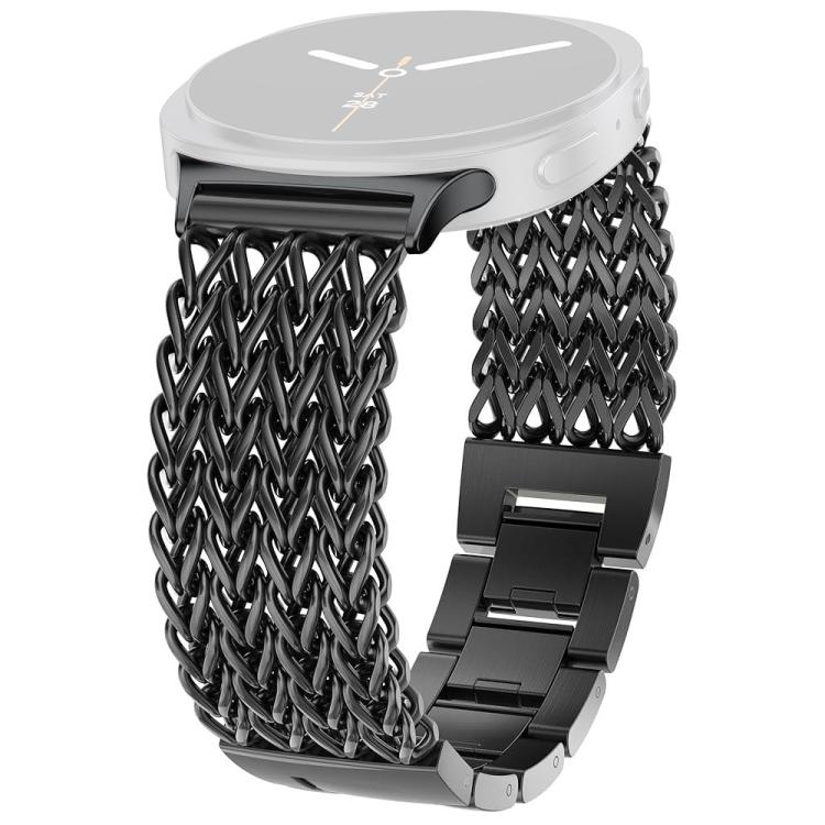 Black braided stainless steel watch band on a silver smartwatch