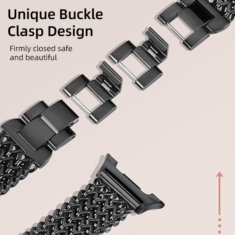 Black braided stainless steel watch band showing its detachable link clasp
