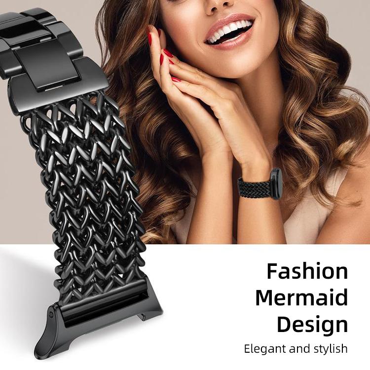 Black braided stainless steel watch band with curved linked mesh and buckle