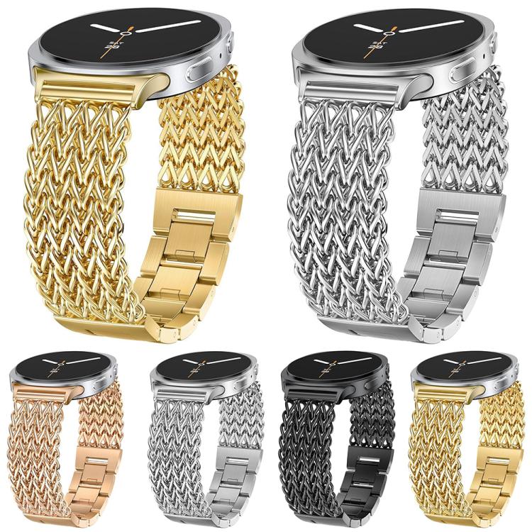 Braided stainless steel watch bands shown in gold, silver, rose gold, and black