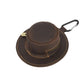 Dark brown leather trilby-style coin purse with zipper top and carabiner clip