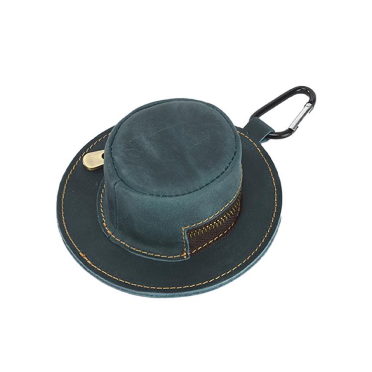 Teal green leather trilby-style coin purse with zipper top and carabiner clip