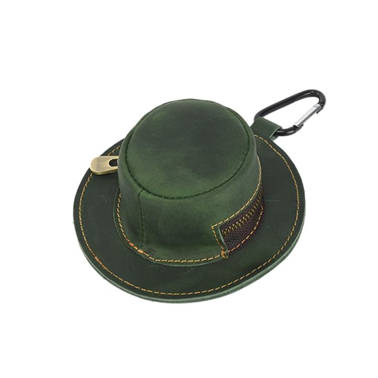 Green leather trilby-style coin purse with zipper top and carabiner clip