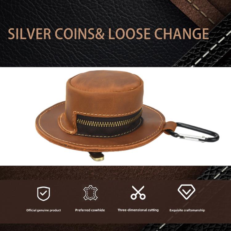 Brown leather hat-shaped coin purse with zipper and carabiner clip