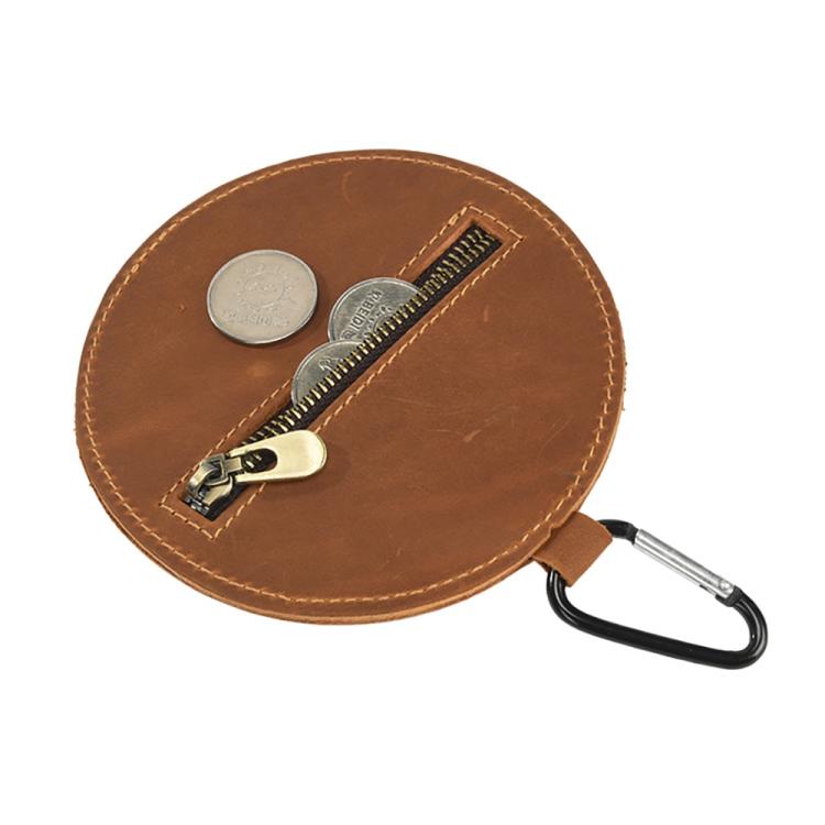 Brown leather coin purse hat with zipper and metal carabiner, holds coins
