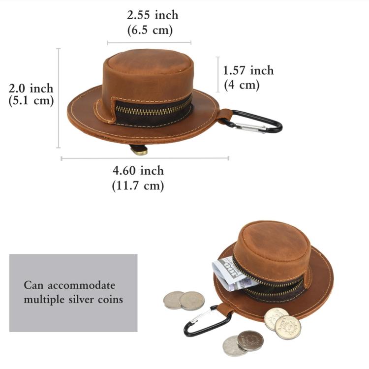 Leather coin purse hat with zipper band and carabiner, with a few coins