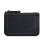 Black leather coin purse wallet with zipper and wrist strap, front panel with orange stitching