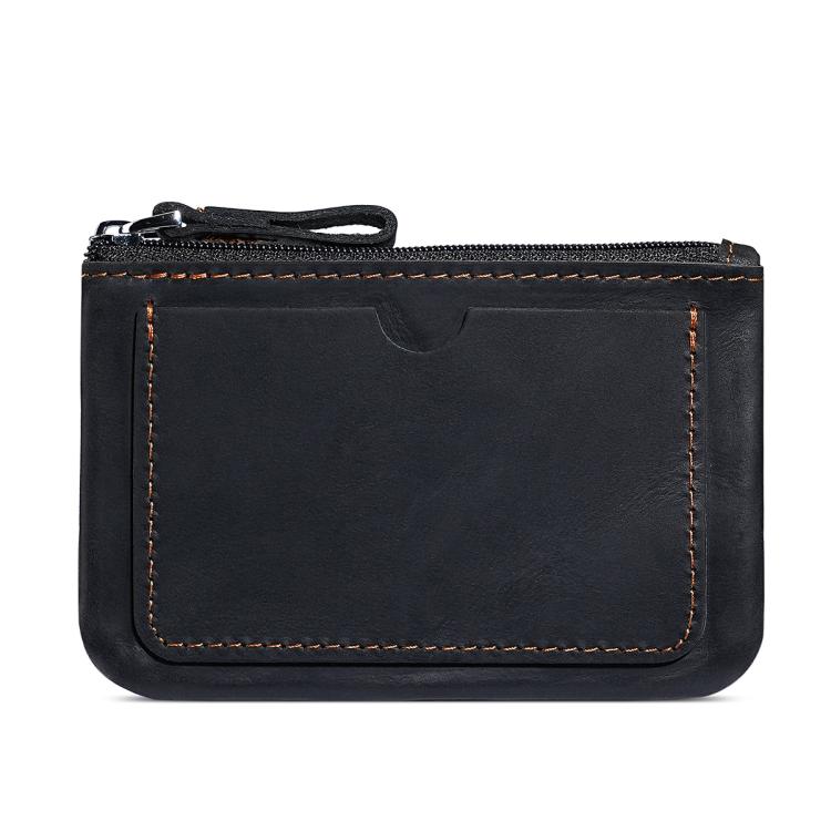 Black leather coin purse wallet with zipper and wrist strap, front panel with orange stitching