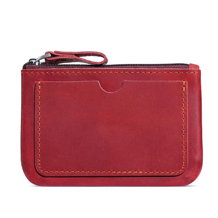 Red leather coin purse wallet with zipper and wrist strap, front panel with contrast stitching