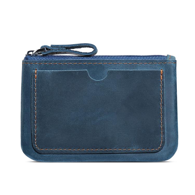 Blue leather coin purse wallet with zipper and wrist strap, front panel with contrast stitching