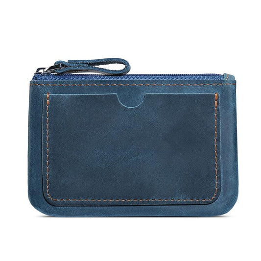 Blue leather coin purse wallet with zipper and wrist strap, front panel with contrast stitching