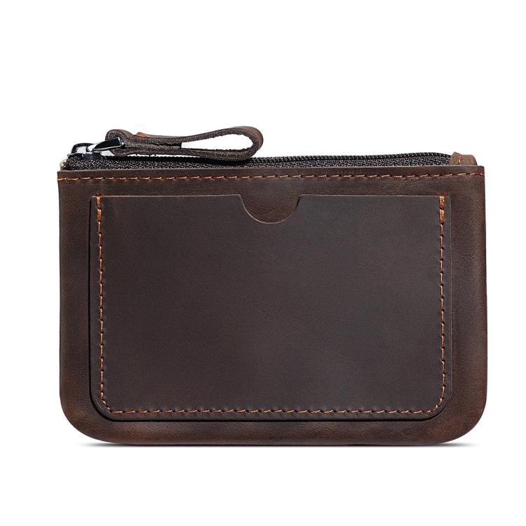 Dark brown leather coin purse wallet with zipper and wrist strap, front panel and stitching