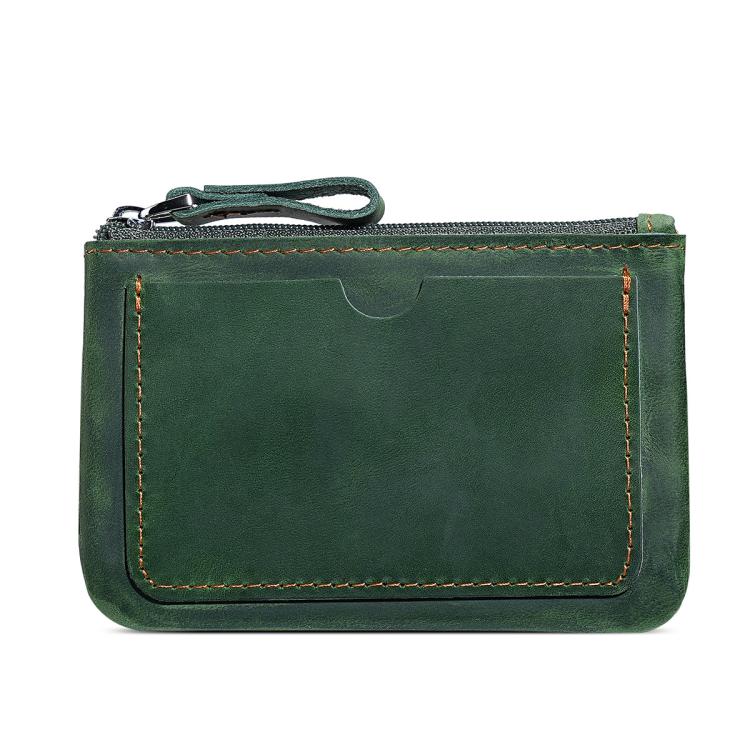 Green leather coin purse wallet with zipper and wrist strap, front panel with contrast stitching