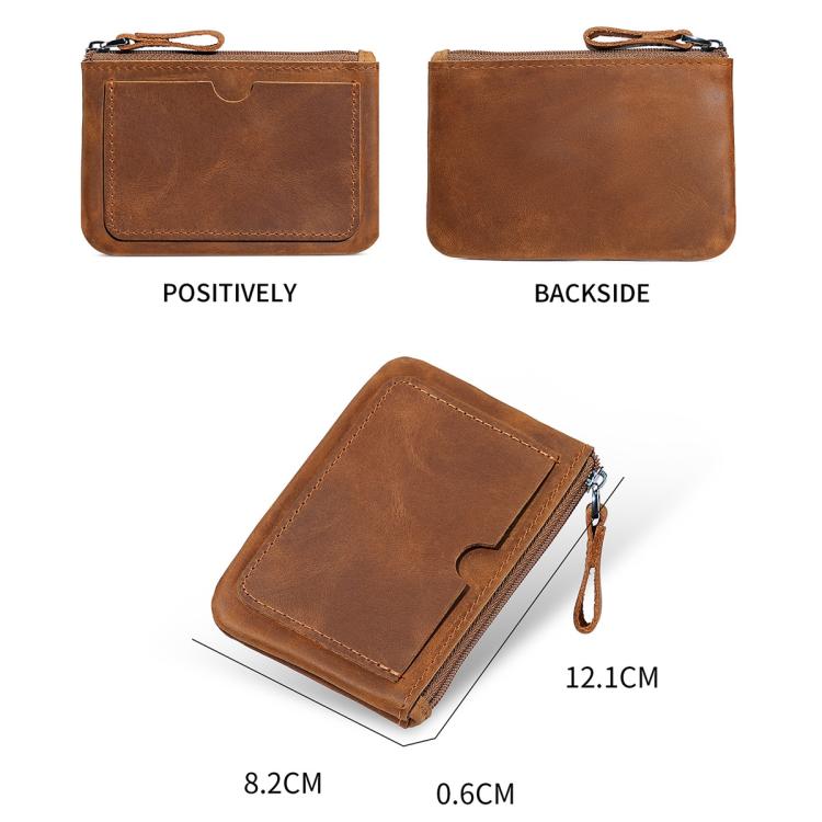 Tan leather coin purse wallet with top zipper and wrist strap, front and back views