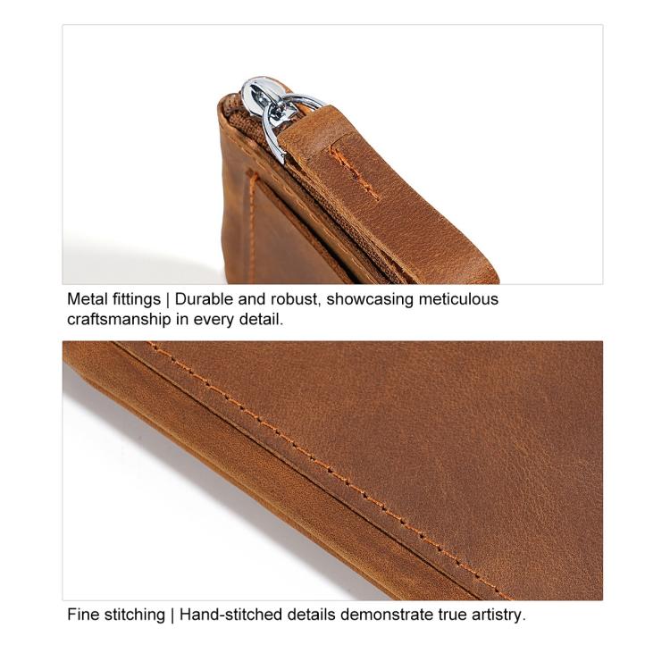 Tan leather coin purse wallet close-up of zipper pull, edge stitching, and metal hardware
