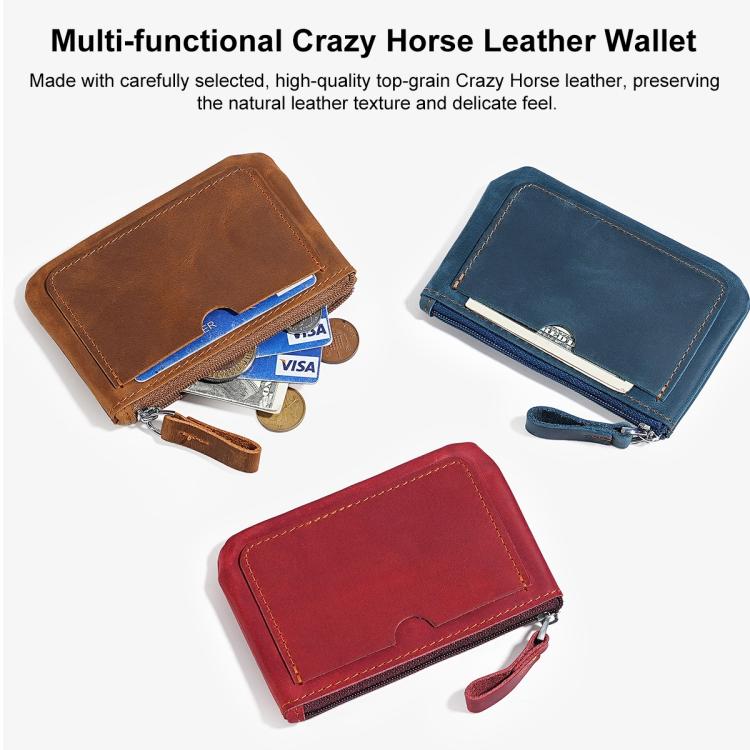 Small leather coin purse wallet set in brown, blue, and red with metal clasp and card slots