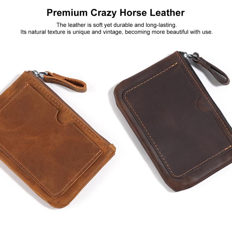 Crazy horse leather coin purse wallet, brown, zip closure, wrist strap, stitched trim