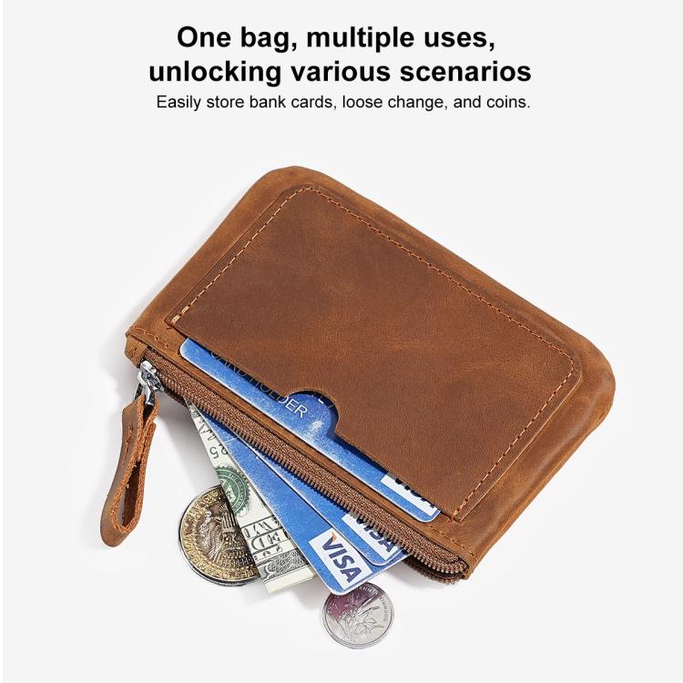Brown leather coin purse wallet with zipper, cards and coins inside