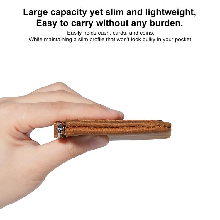 Slim brown leather coin purse wallet with zipper and metal pull, side view