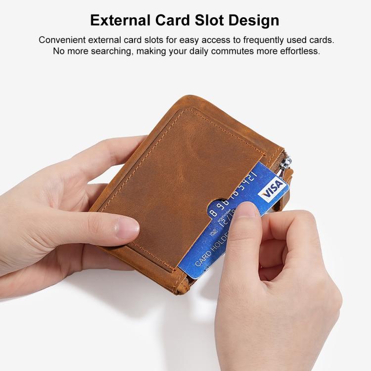 Brown leather wallet coin purse with external card slot and zipper, card inside