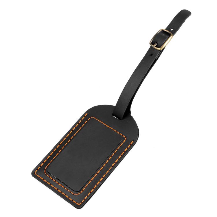 Black genuine leather luggage tag with card pocket and buckled hanging strap, stitched border