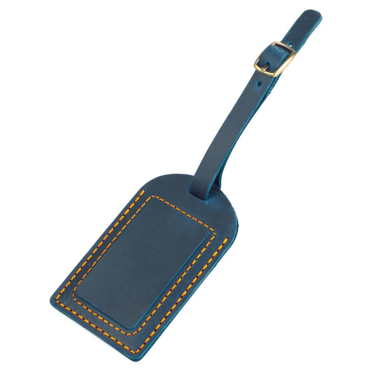 Blue genuine leather luggage tag with card pocket and buckled hanging strap, stitched border