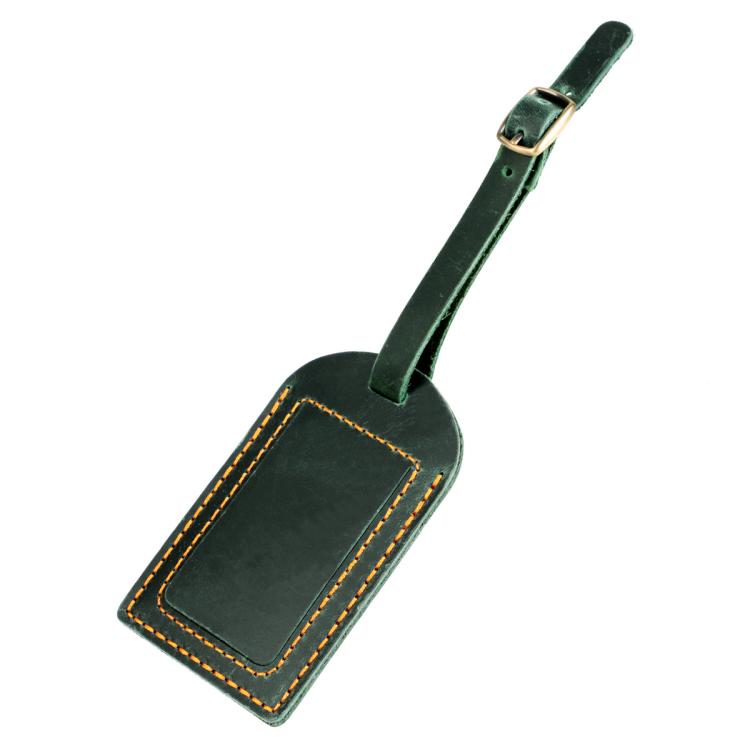 Green genuine leather luggage tag with card pocket and buckled hanging strap, stitched border