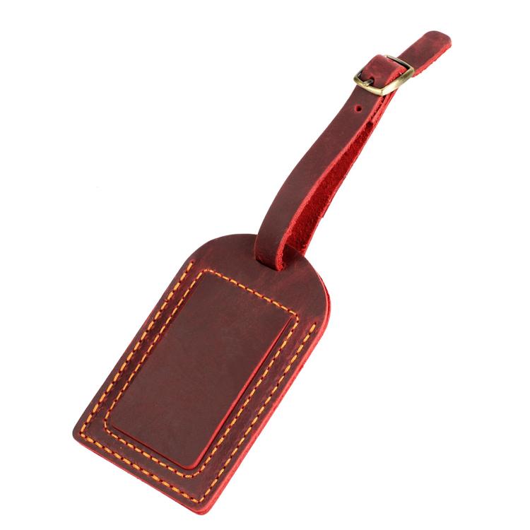 Red genuine leather luggage tag with card pocket and buckled hanging strap, stitched border