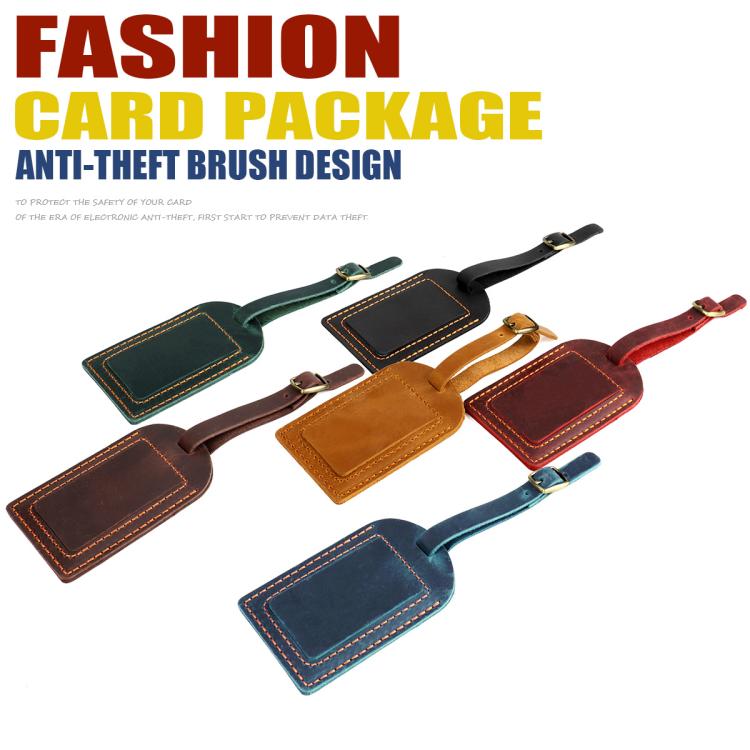 Set of genuine leather luggage tags with card pockets and buckled hanging straps
