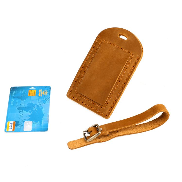 Brown genuine leather luggage tag card holder with strap and buckle, stitched pocket