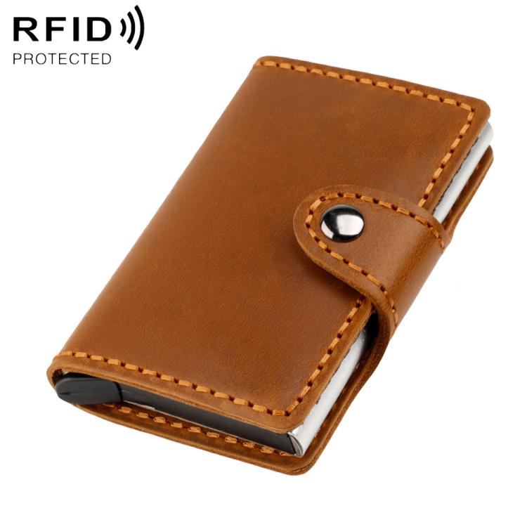 Brown genuine leather RFID card holder with snap button strap and orange stitching