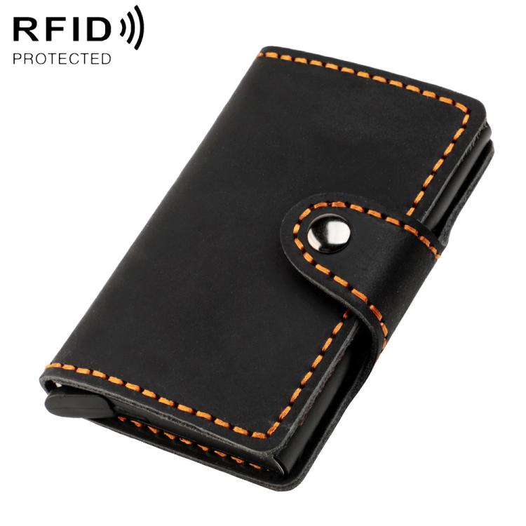 Black genuine leather RFID card holder with snap button strap and orange stitching