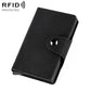 Black genuine leather RFID card holder with snap button strap and minimal stitching