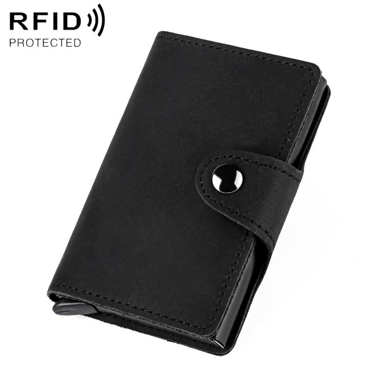 Black genuine leather RFID card holder with snap button strap and minimal stitching