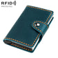 Teal genuine leather RFID card holder with snap button strap and orange stitching