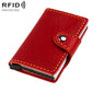 Red genuine leather RFID card holder with snap button strap and orange stitching