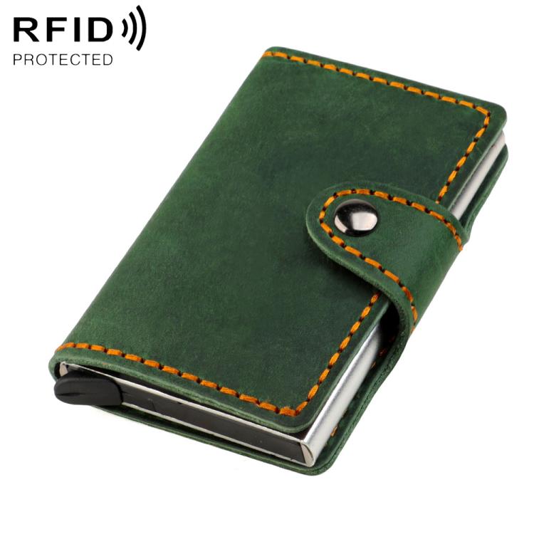 Green genuine leather RFID card holder with snap button strap and orange stitching