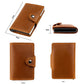 Brown leather card holder with pop-up aluminum box and snap closure.