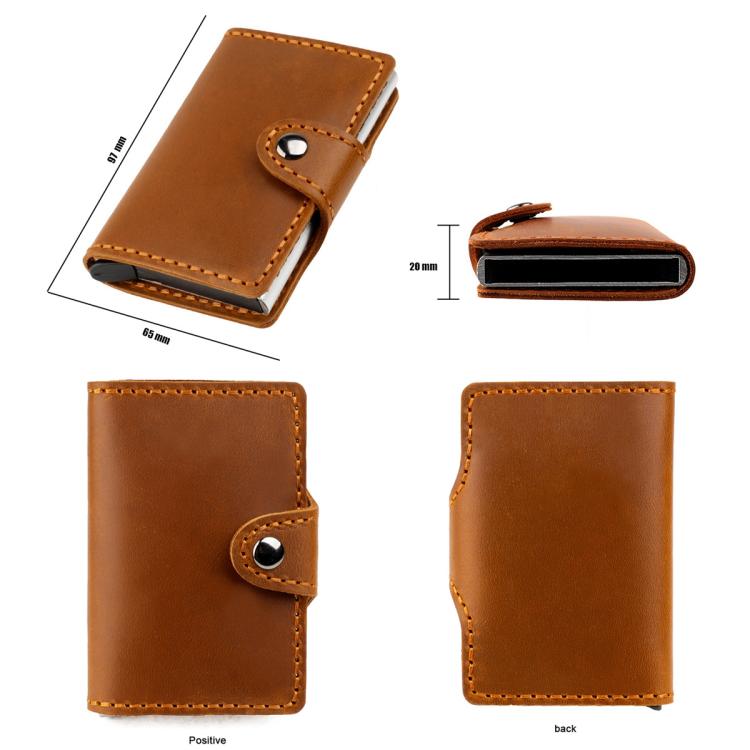 Brown leather card holder with pop-up aluminum box and snap closure.