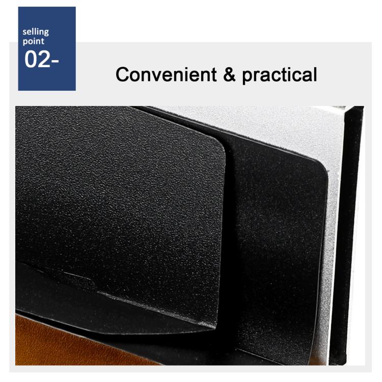 Black textured interior and aluminum tray inside a brown leather card holder.