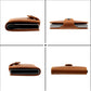 Brown leather pop-up card holder, side views with metal tray and strap loop.