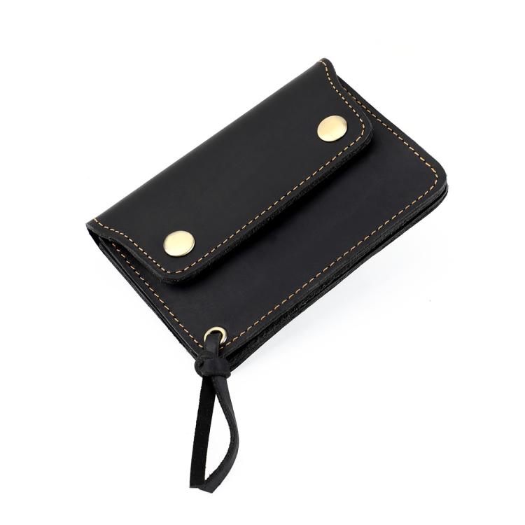 Black leather small zipper coin purse wallet with snap closure and hanging cord.