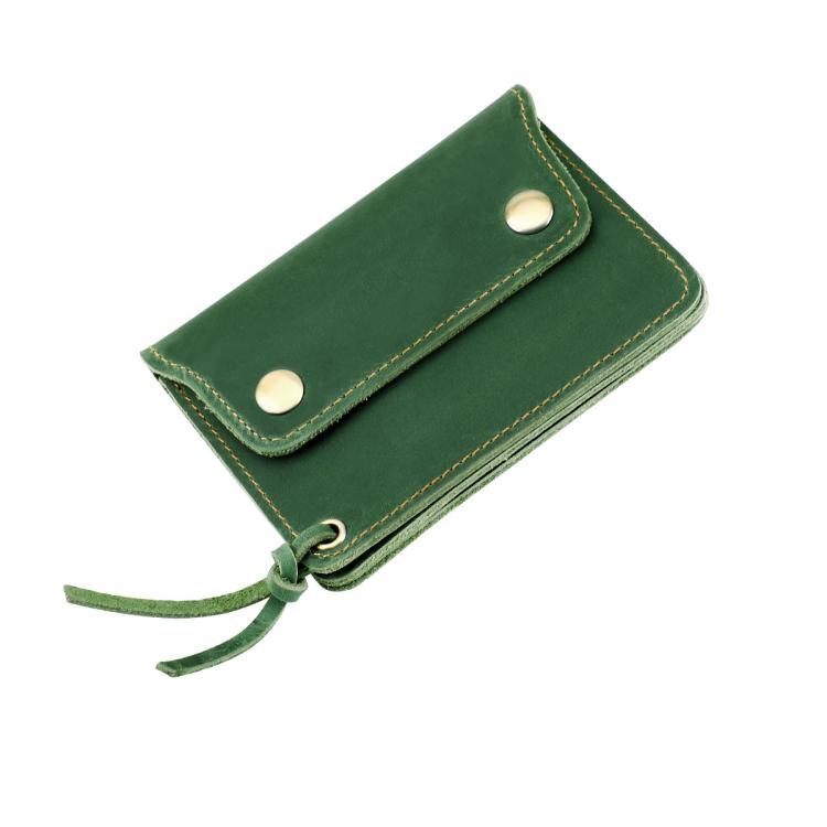 Green leather small zipper coin purse wallet with snap button and hanging cord.