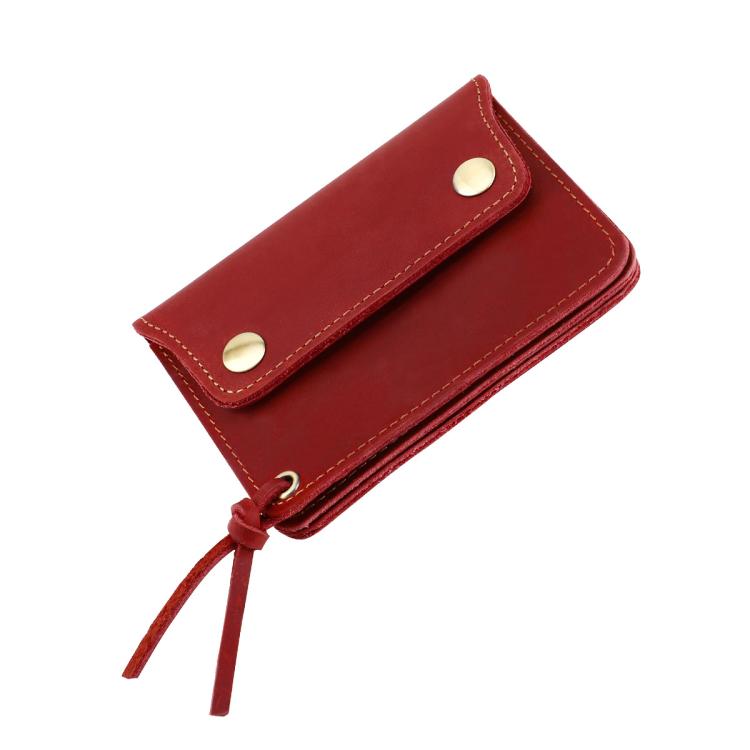 Red leather small zipper coin purse wallet with snap closure and hanging cord.