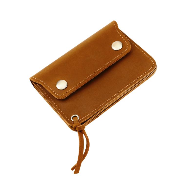 Brown leather small zipper coin purse wallet with snap closure and hanging cord.