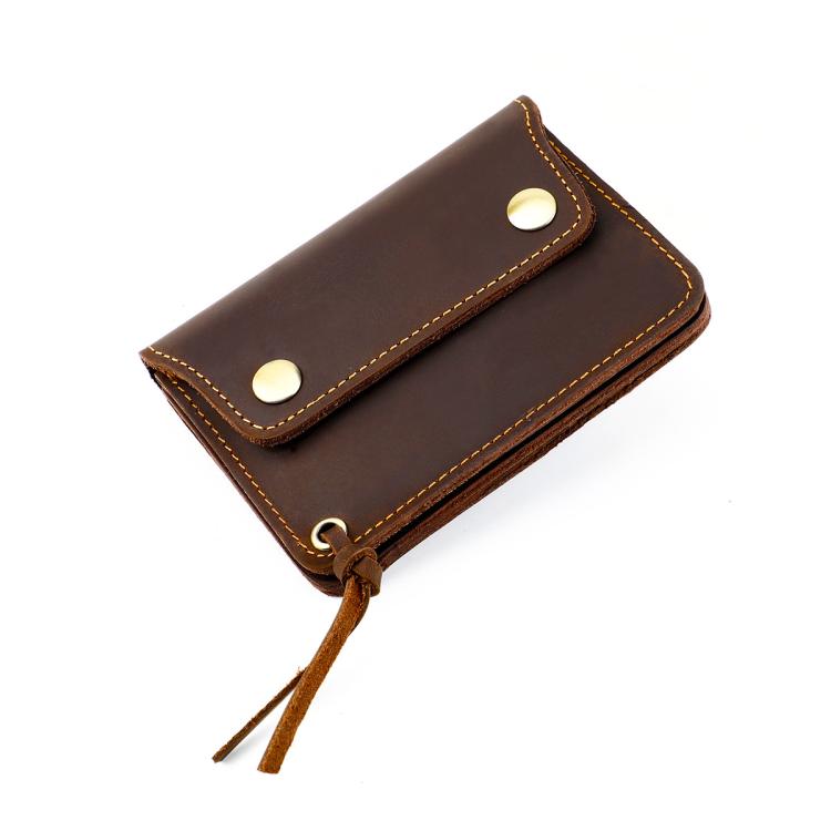 Dark brown leather small zipper coin purse wallet with snap closure and hanging cord.