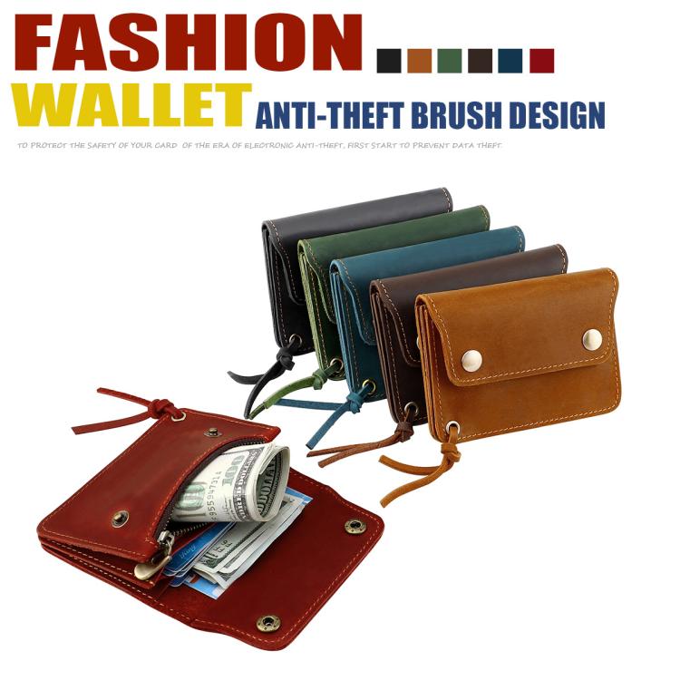 Multicolor leather zip wallets with snap button front and drawstring cord.