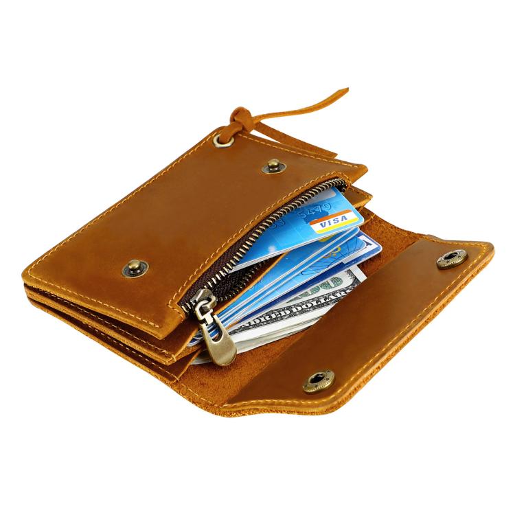 Tan leather small wallet with zipper coin pouch open, showing card slots and coins.
